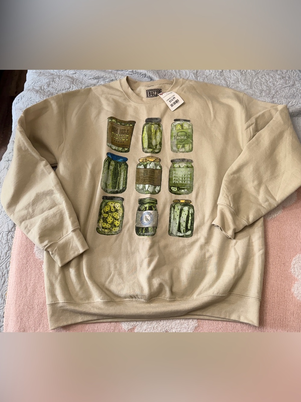 Buzz Beige Crewneck Sweatshirt with Pickle Jar Graphic